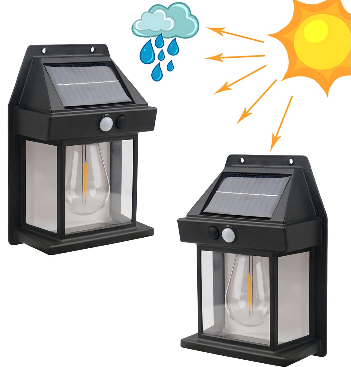 Solar Buitenlamp met bewegingssensor - 2 Stuks - Wandlamp - Waterdicht - IP65 weerbestendig - Zwart