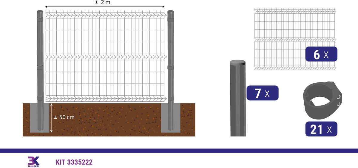 KIT 62 draadpaneel + palen en klemmen, lengte 12m, hoogte 153cm, kleur grijs RAL 7016
