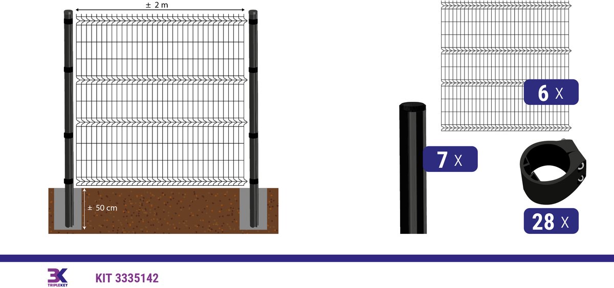 KIT 47 draadpaneel + palen en klemmen, lengte 12m, hoogte 203cm, kleur zwart RAL 9005
