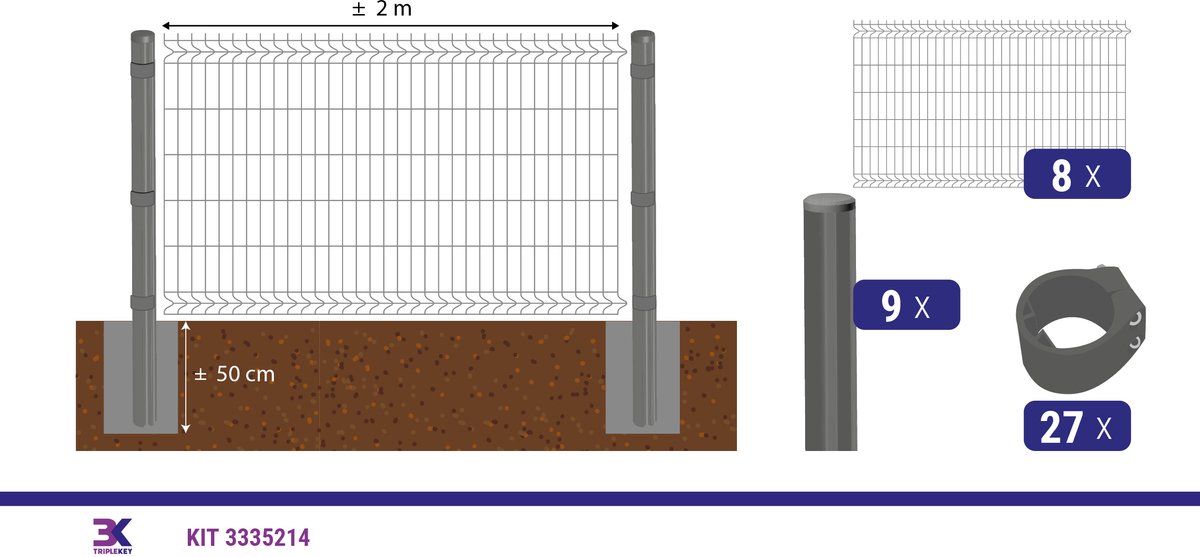KIT 59 draadpaneel + palen en klemmen, lengte 16m, hoogte 123cm, kleur grijs RAL 7016