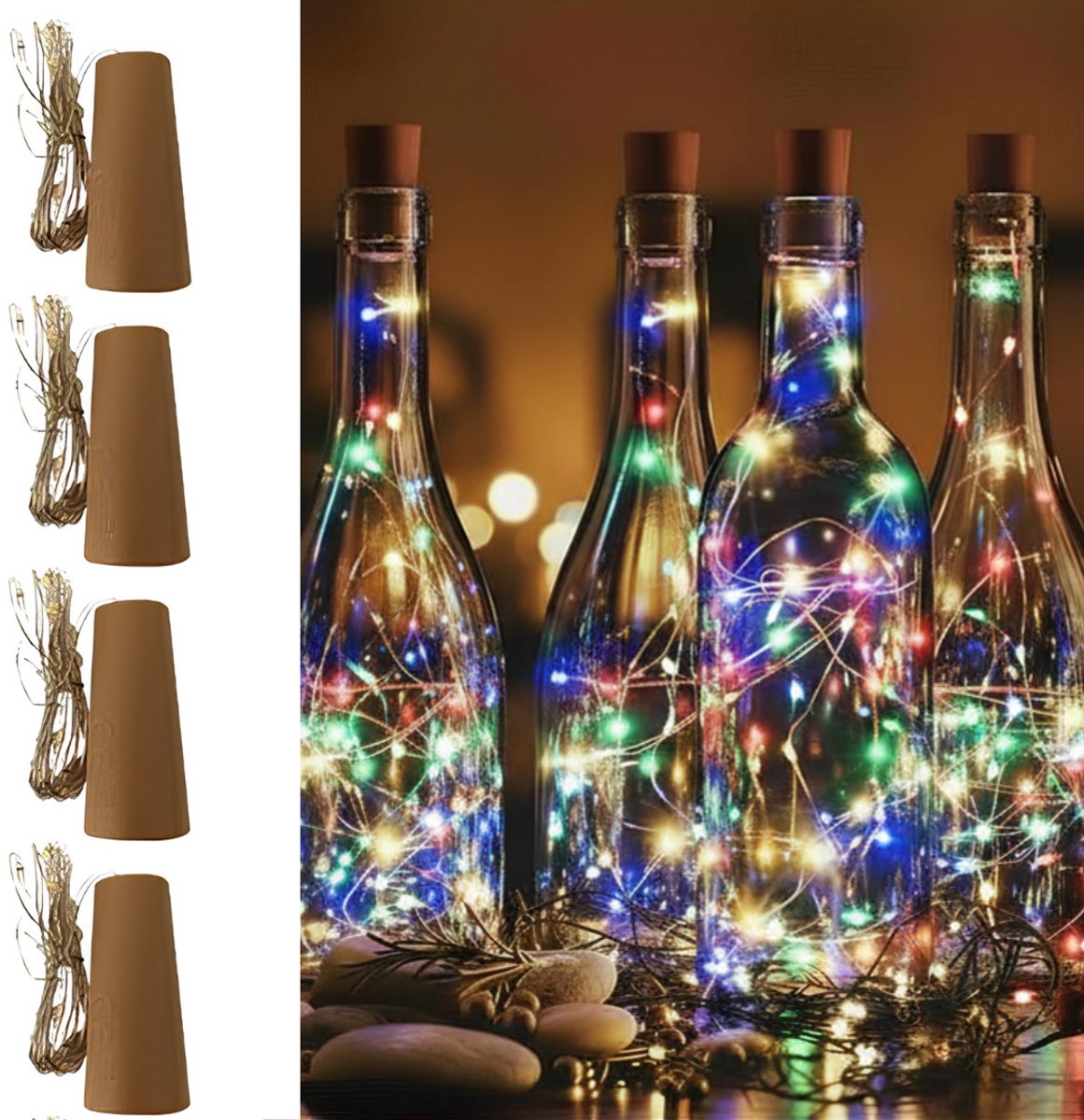 Flesverlichting - Multicolor - 4 Stuks - Met Kurk- Lampjes Slinger - Lichtjes Slinger Op Batterijen - Fairy lights - Feestverlichting & Sfeerverlichting - Binnen & Buiten