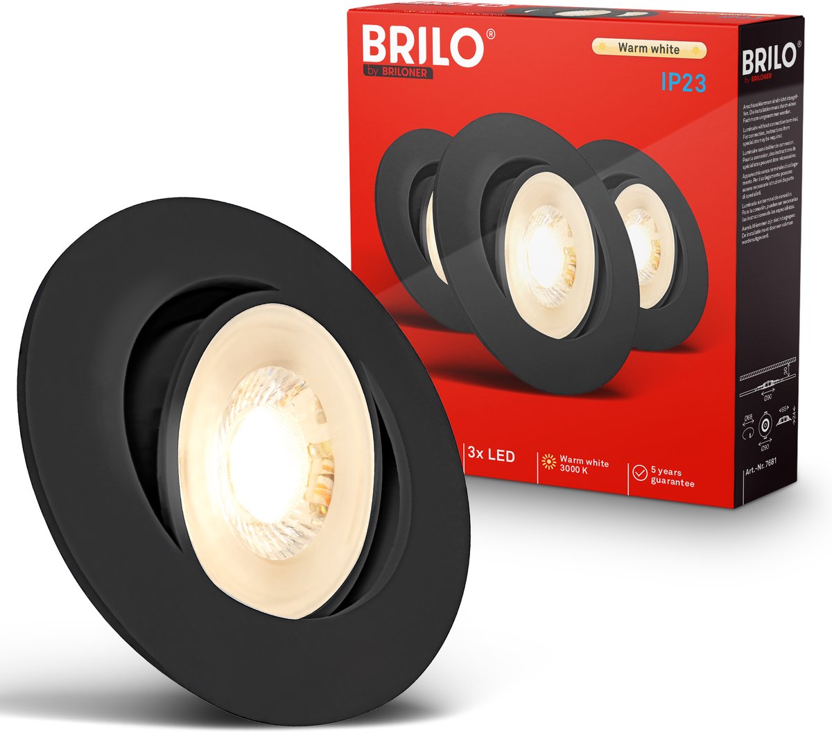 BRILONER Show - Inbouwspots set van 3 - spotjes - 3.000K warm wit licht - 4.9W - zwart - Ø9cm