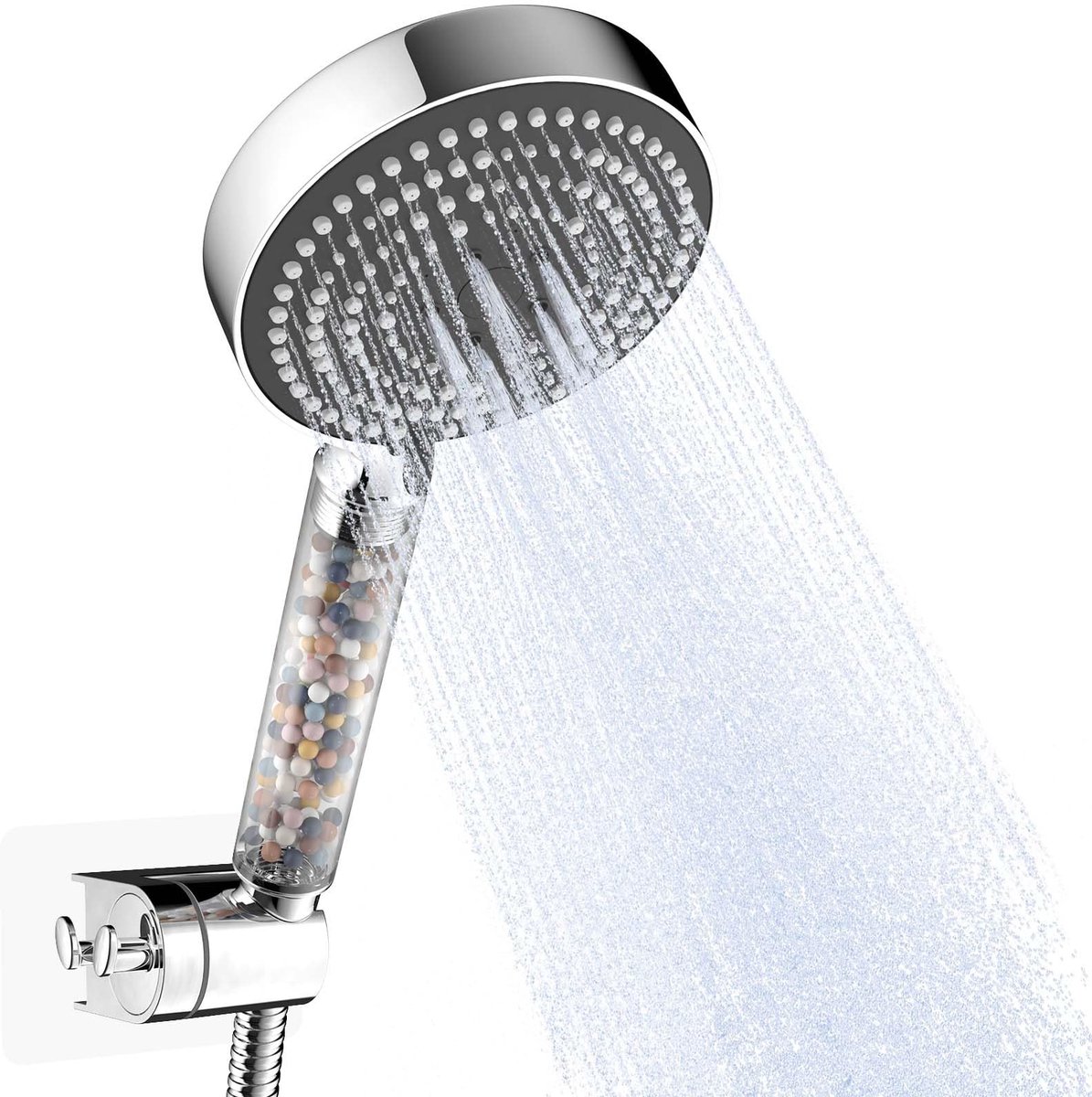 Dailygoods - OFFO gefilterde douchekop, 6 straalsoorten, Groot, Waterbesparend, Met 1.6m slang en wandhouder, Helder handvat met Grijs deksel, Chroom
