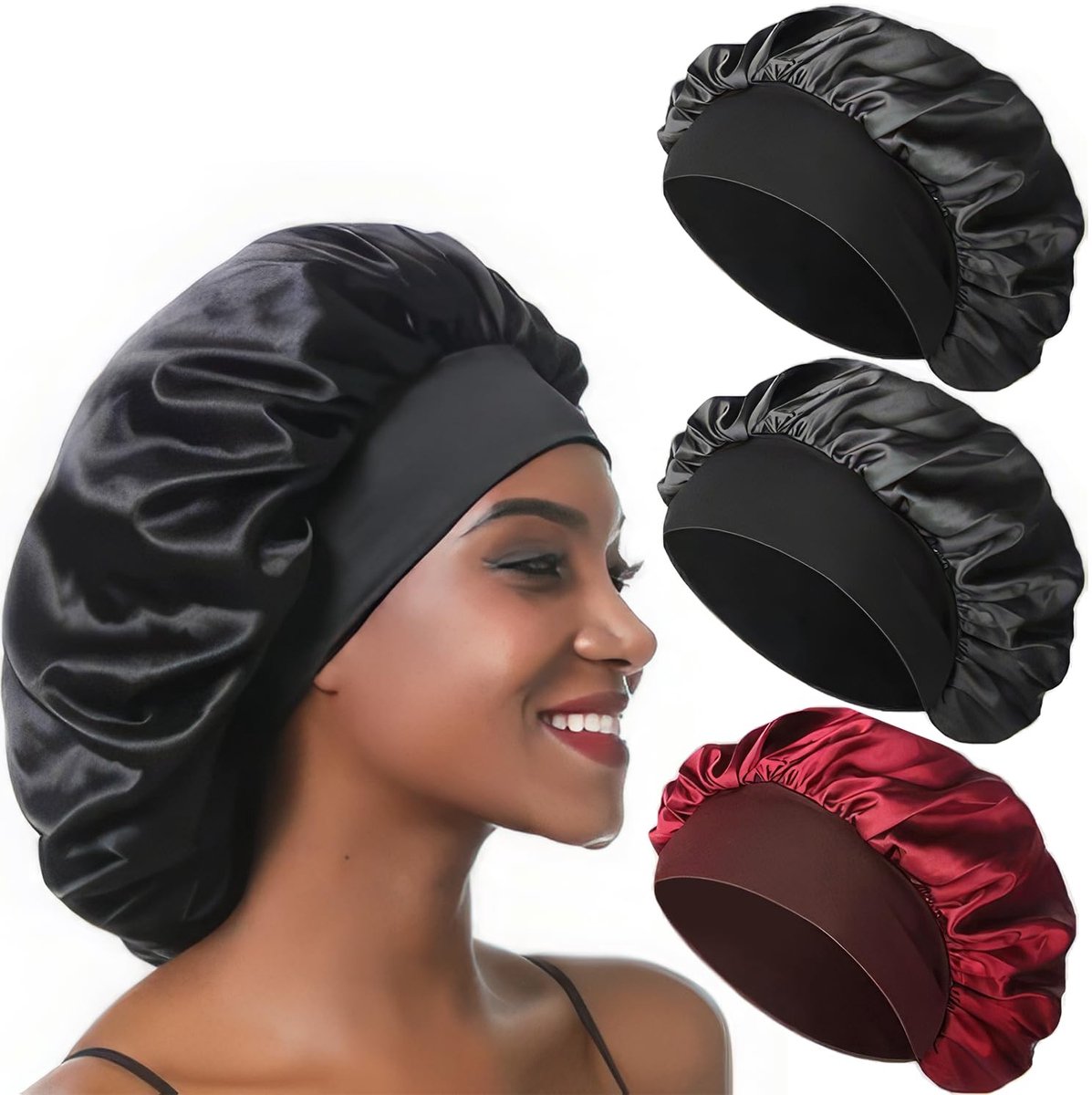 Dailygoods- Slaapmuts Satijn - Set van 3 - Elastisch Ontwerp - Zachte Hoofdband - Krullend Haarbescherming - Ondersteunt Nachtrust - Nachtmuts