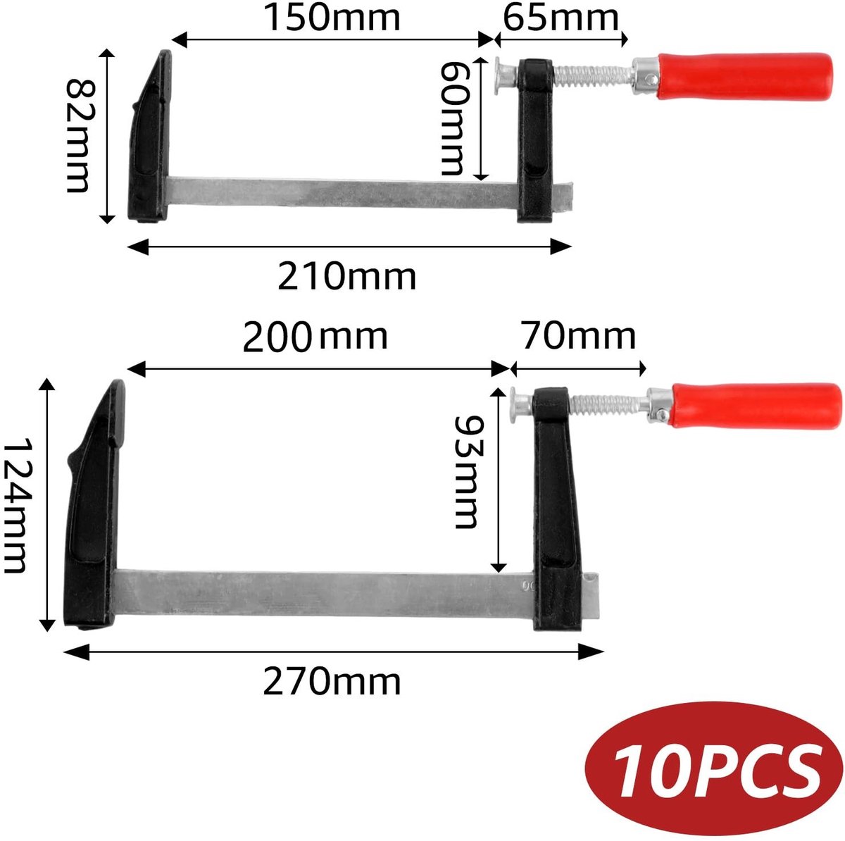 Dailygoods- Schroefklem Set van 10 - Klemwijdte 150 mm/200 mm - Bekdiepte 50 mm/80 mm - Hout Klemmen - Precisie Fixatie - Lichtgewicht en Compact - Houtklem