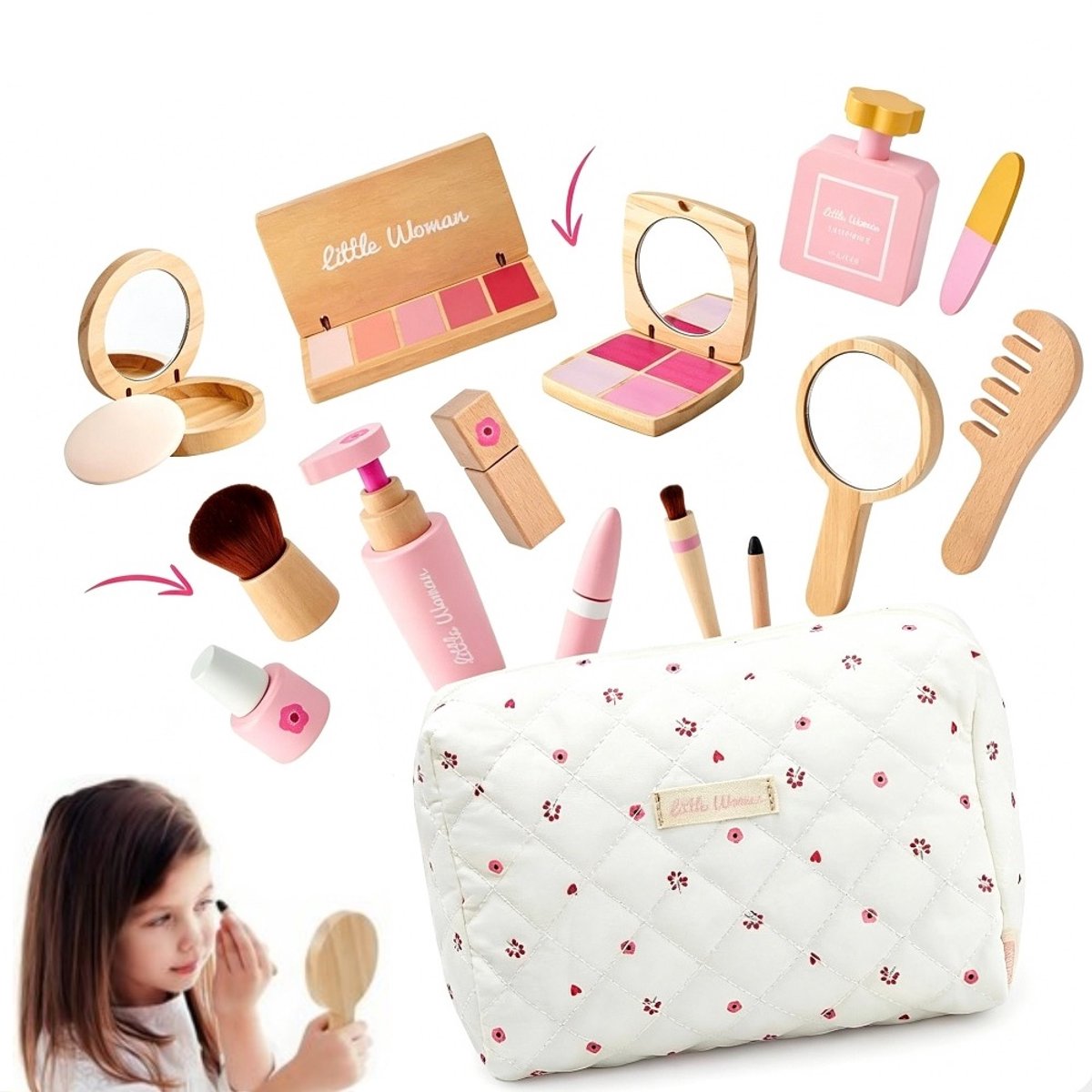 Houten Kinder Schminkset - Voor Meisjes van 3-8 Jaar - Met Oogschaduw/Wimperverf/Parfum/Wangenpoeder/Spiegel/Tas - Rollenspel Speelgoed - Cadeau voor Verjaardag & Feestdagen