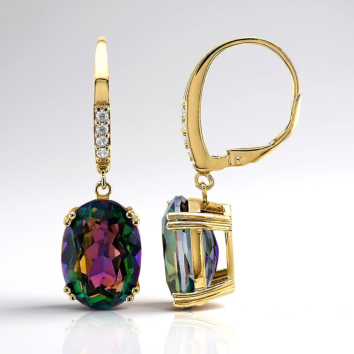 Cavill - Verguld 925 Sterling Zilver Oorbellen - 9,54 ct Groene Mystieke Kwarts Ovaal & Cambodjaanse Zirkonen - Luxe Bohemian 33mm Hangend