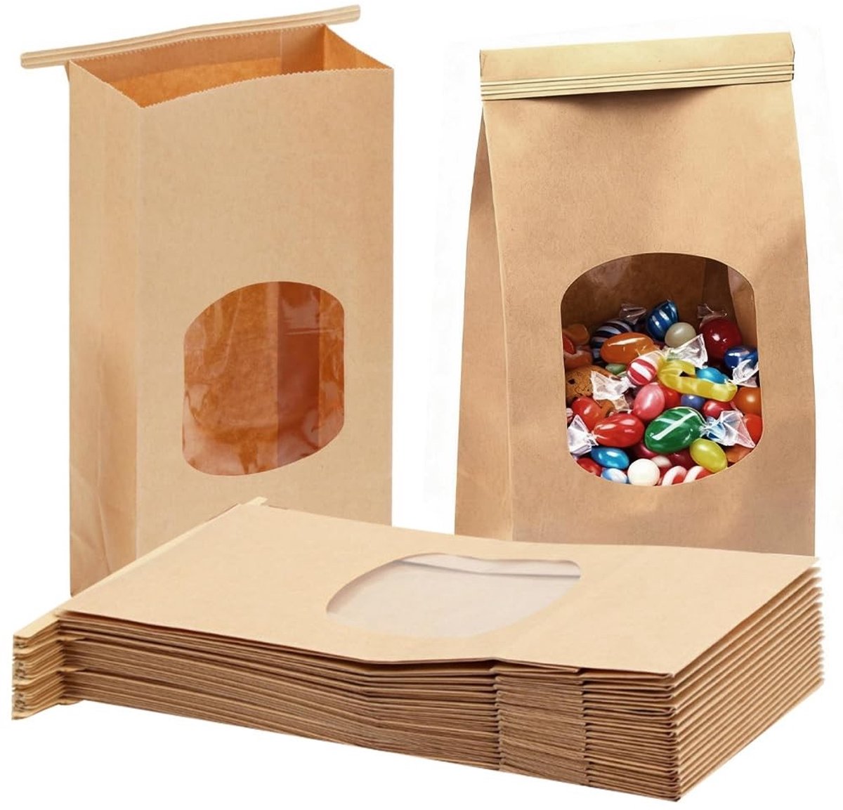 Dailygoods - Bruine zakjes van kraftpapier met kijkvenster (25 stuks), oliebestendig en herbruikbaar, ideaal voor zelfgemaakte geschenken, voorraadopslag