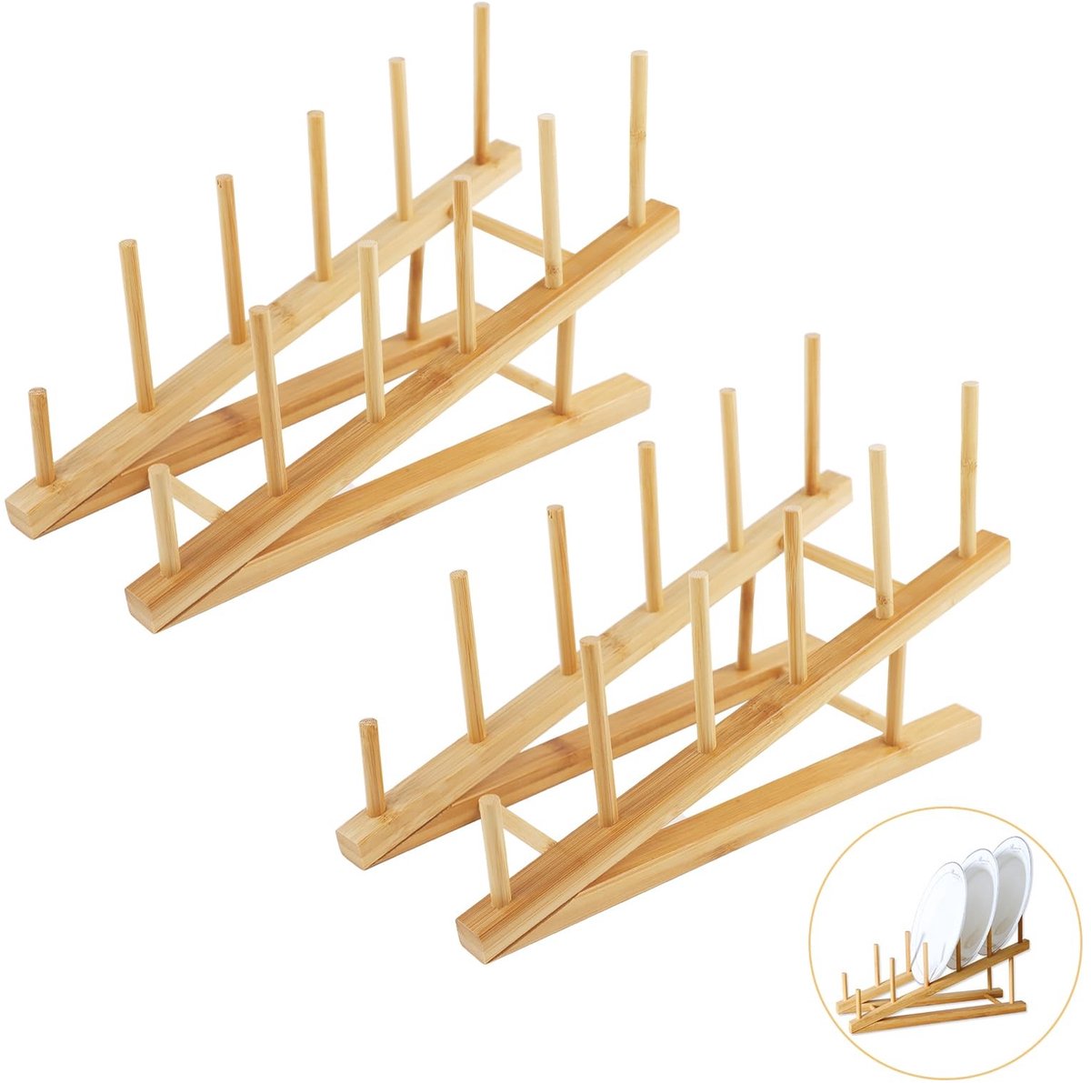 Dailygoods- Bordenstandaard Houten - 2 Stuks - Bamboe Bordenhouder - Keuken Organizer - Afdruiprek - Compact en Lichtgewicht - 10,5 cm Hoogte Verhoging