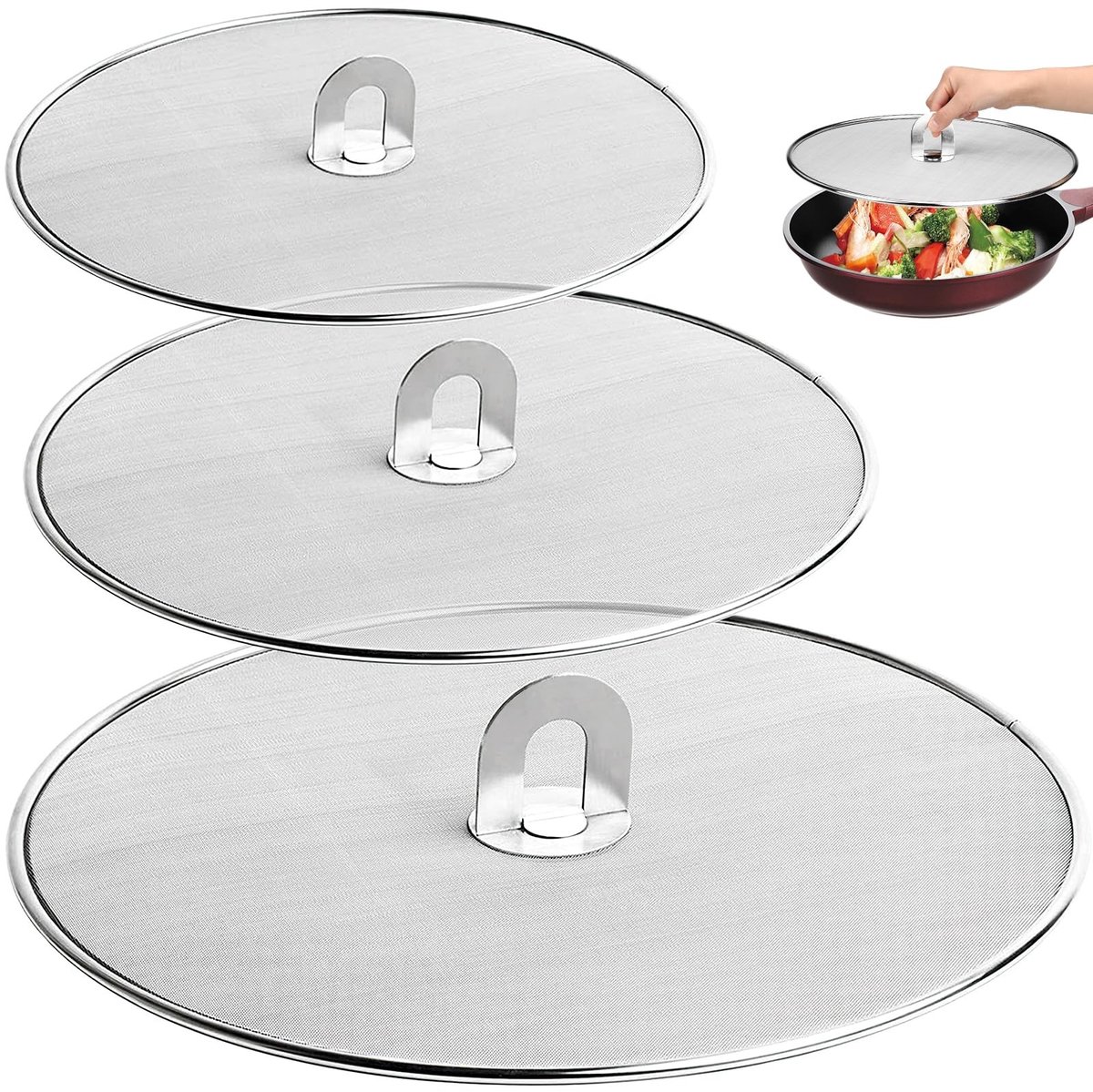Dailygoods- Spatbescherming 3 Stuks - Roestvrij Staal - Deksel 33 cm/29 cm/25 cm - Multi-use - Zeef - Handgreep Blijft Koel