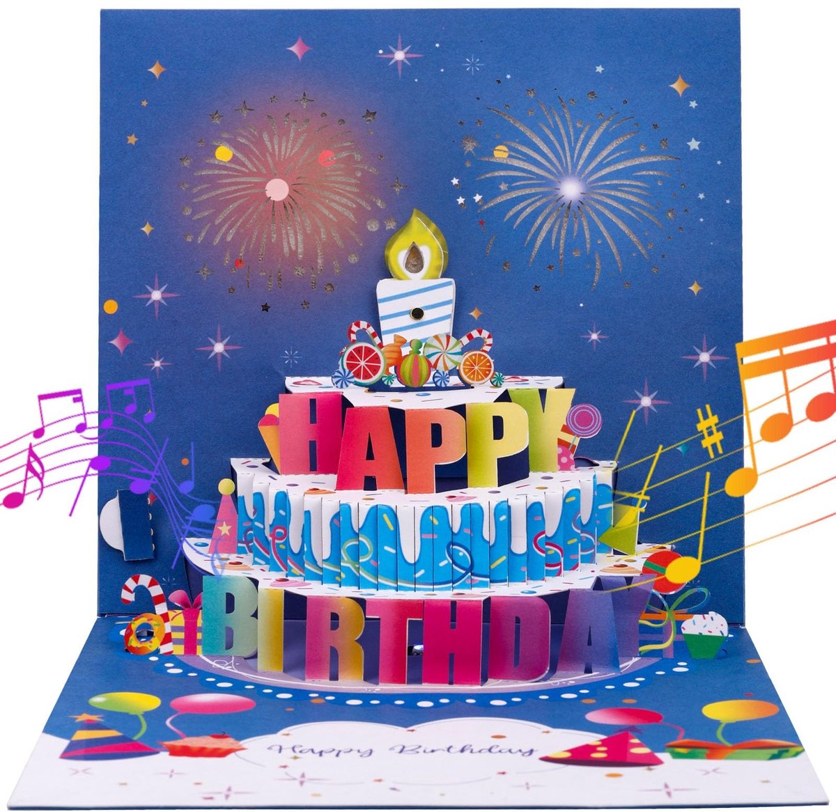 Dailygoods- Verjaardagskaart 3D Pop-up - Muzikale Verjaardagsgroetkaart - Veelkleurig - Inclusief Envelop - Creatief Vuurwerk - Complete Set - Wenskaart