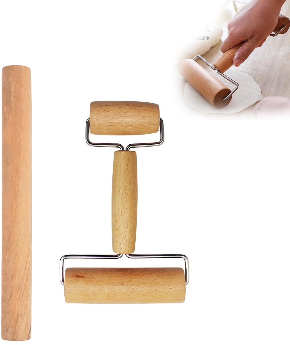 Dailygoods- Deegroller Dubbelkop - Beukenhout - T-vormig - 17,5 x 11,5 x 3 cm - Voor Pizza/Koekjes - Ergonomisch Handgreep - Glad Oppervlak - Bakgereedschap