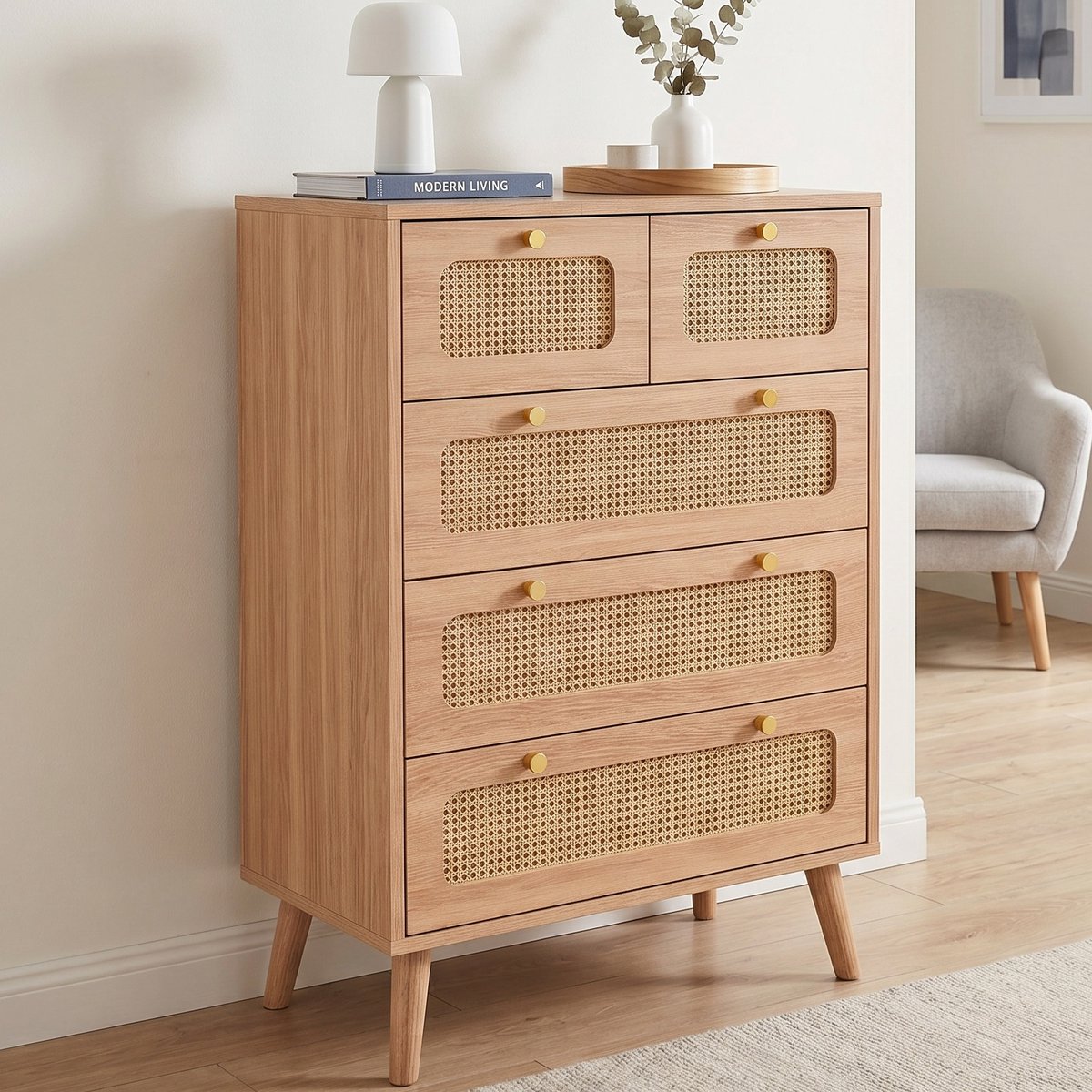 Ladekast met 5 Lades - 60x34x91cm - Opbergkast - Hout en Metaal - Rotan Look - Natuurlijke Stijl - Houtkleur