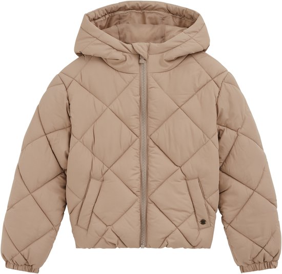 Een beige, oversized, doorgestikte jas met capuchon, gedetailleerd met rits en zakken.