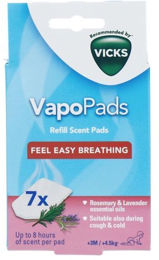 Vicks VapoPads navulgeurpads met rozemarijn en lavendel. 7 stuks. Geeft tot 8 uur geur per pad. Voel je makkelijk ademen.