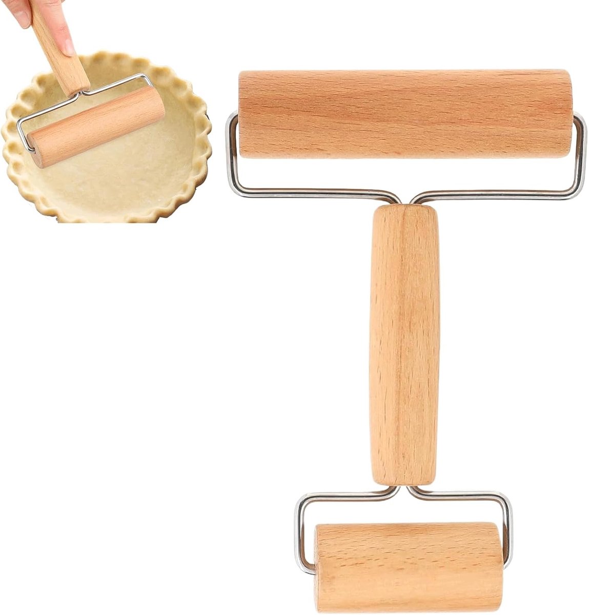 Houten deegroller met dubbele rollen, ideaal voor het uitrollen van deeg voor pizza, desserts en dumplings