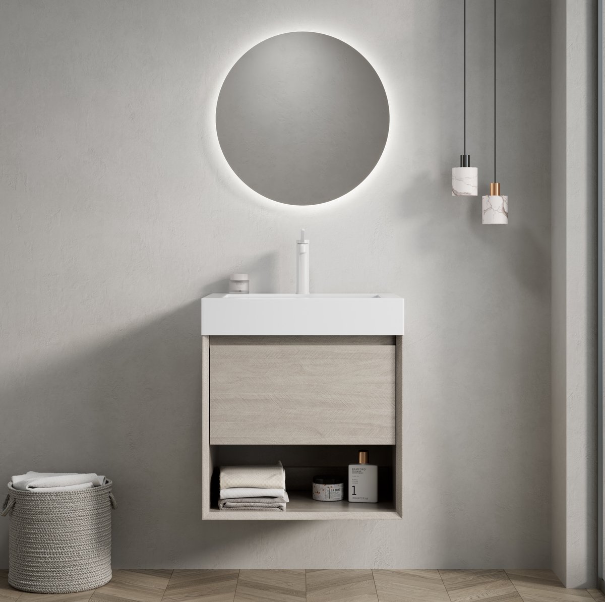 FloraGrace Badkamermeubel - Hangend Met Geintegreerde Wastafel En Lade - Voor Compacte Badkamer - Licht Eiken En Wit - 55x46x60 Cm