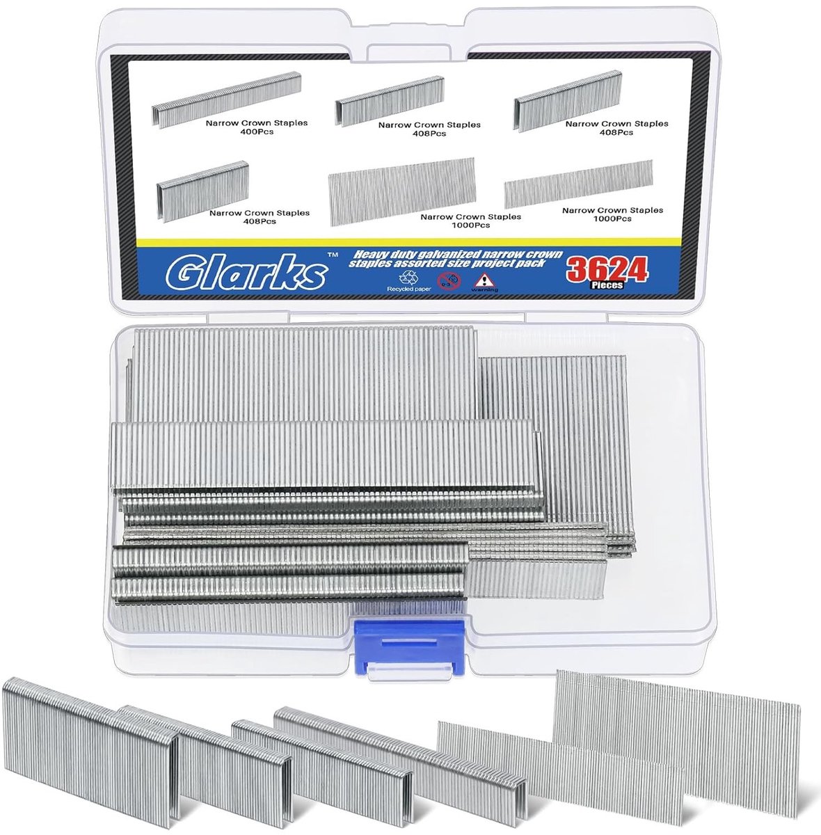 3624 Stuks 18 Gauge Smalle Kroon Nietjes, 4 Maten Gegalvaniseerde Nietjes Assortiment en 1 Inch, 2 Inch Brad Spijkers voor Elektrische Nietmachine en Pneumatische Toepassingen, DIY Projecten