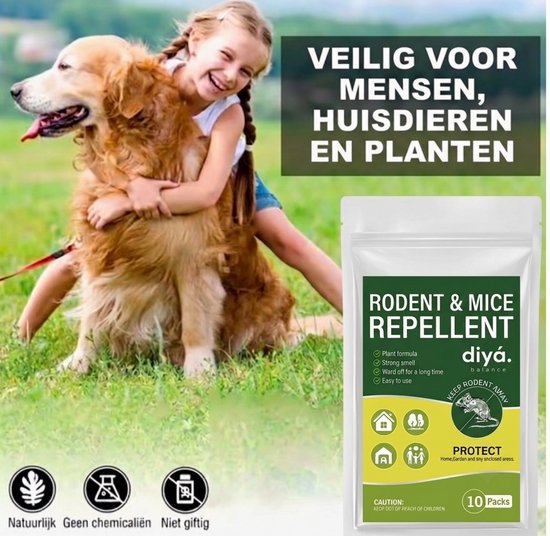 Een meisje omhelst een golden retriever in het gras, naast een verpakking van muizen- en rattenverjager.