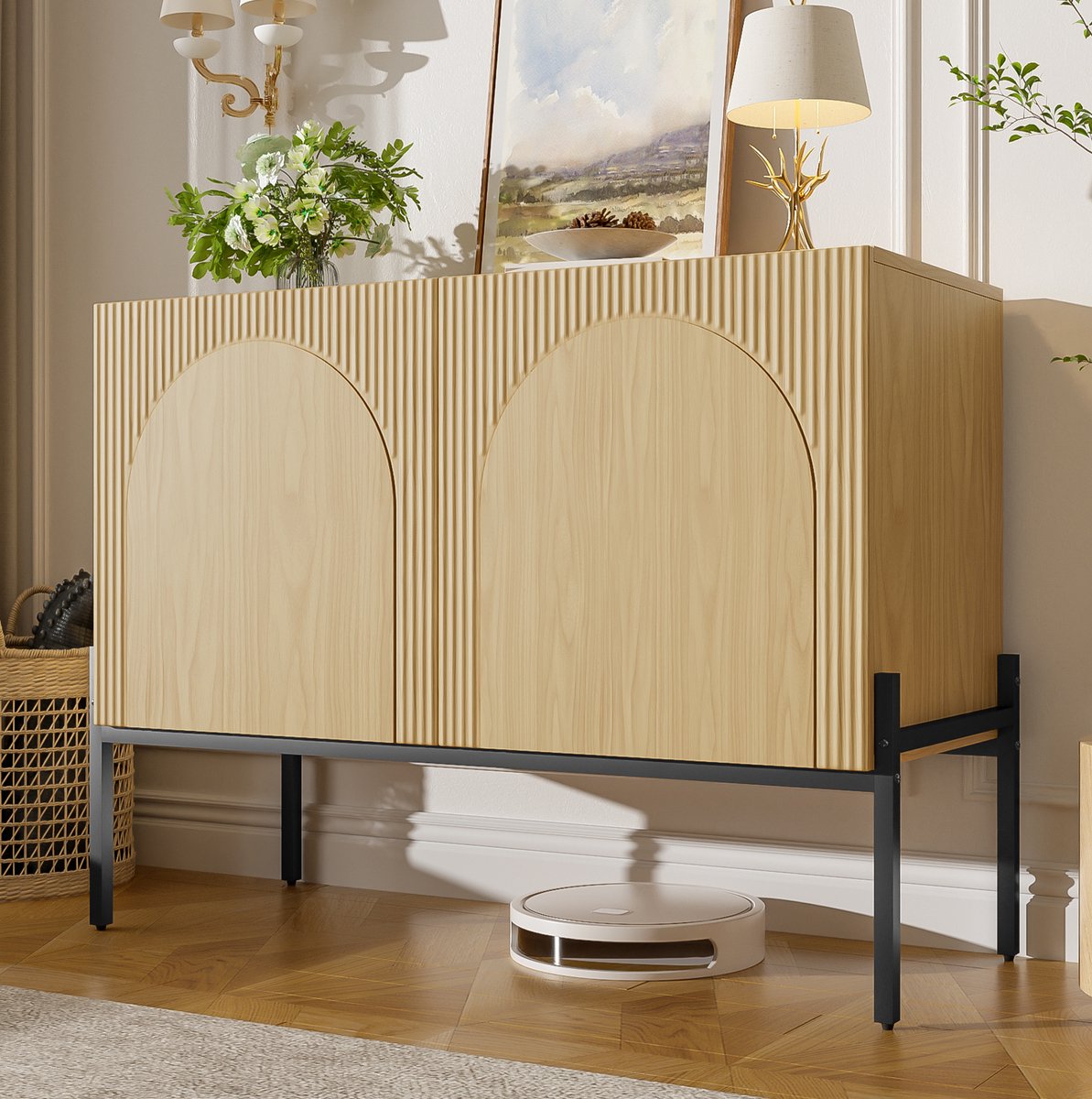 FloraGrace Dressoir - Modern Boogdesign Met 2 Deuren En Metaalpoten - Voor Woonkamer Eetkamer En Hal - Spaanplaat - 100x40x75 Cm - Naturel