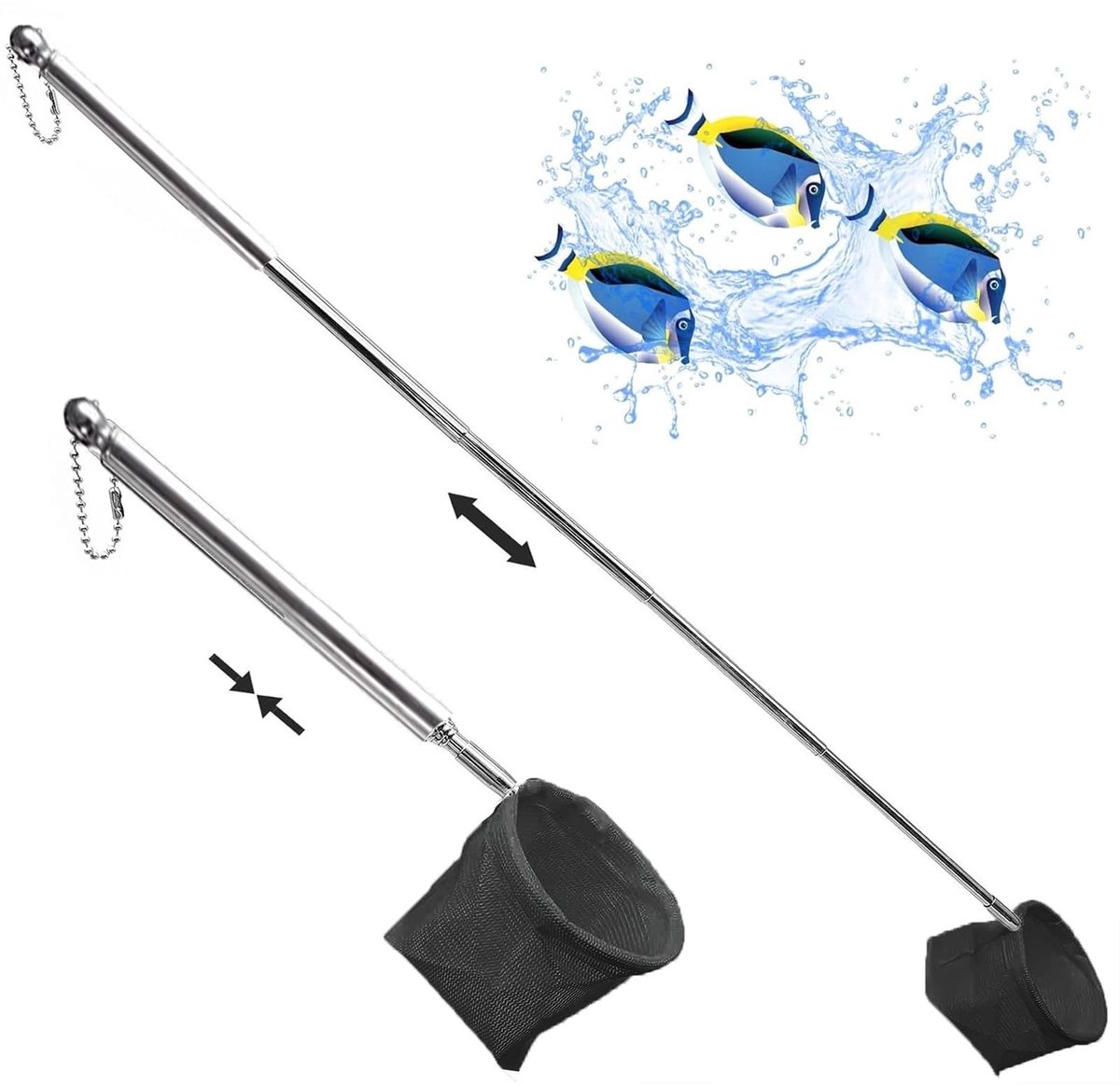 Dailygoods - schepnet visnet, aquariumschepnet met telescoopsteel, van roestvrij staal, voor het vangen van kleine vissen en garnalen en voor het reinigen van de