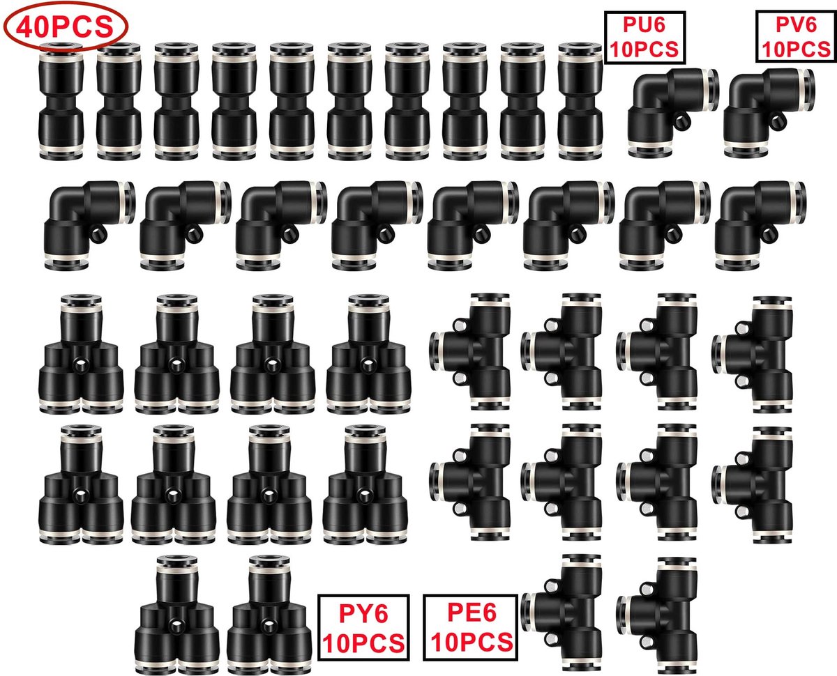 Dailygoods- Fittingen 40 Stuks - Pneumatische Armaturen - T-vorm/Elleboog/Y-tak/Recht - Eenvoudige Installatie - Goede Afdichting - Sterk Kunststof Materiaal - Pneumatische Verbindingen