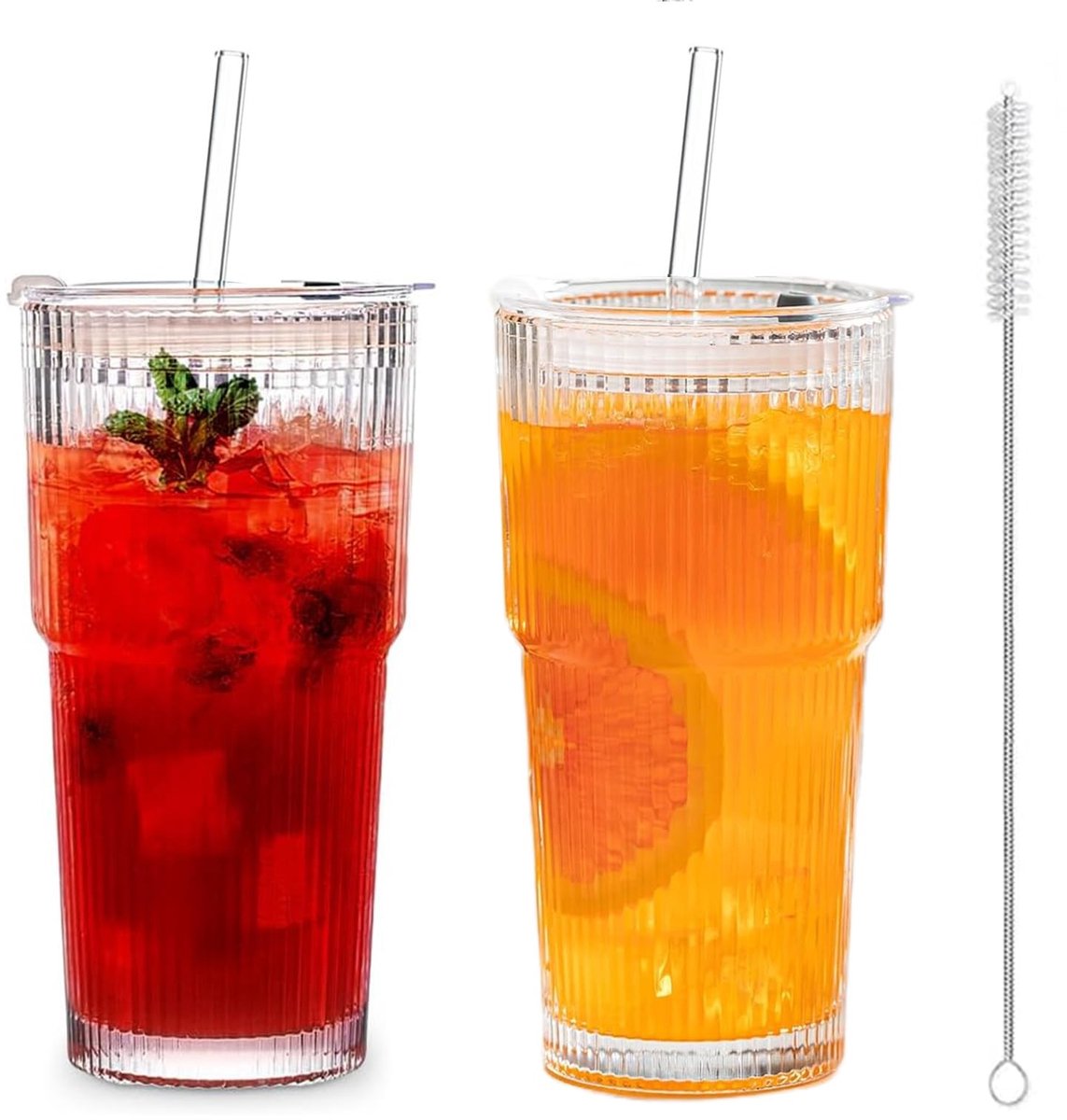 Dailygoods- Drinkglazen 600 ml - Set van 2 - Luchtdicht/waterdicht - Geribbelde Glazen - Inclusief Deksels/Rietjes - Perfect voor Koude Dranken - Glazen Mokken
