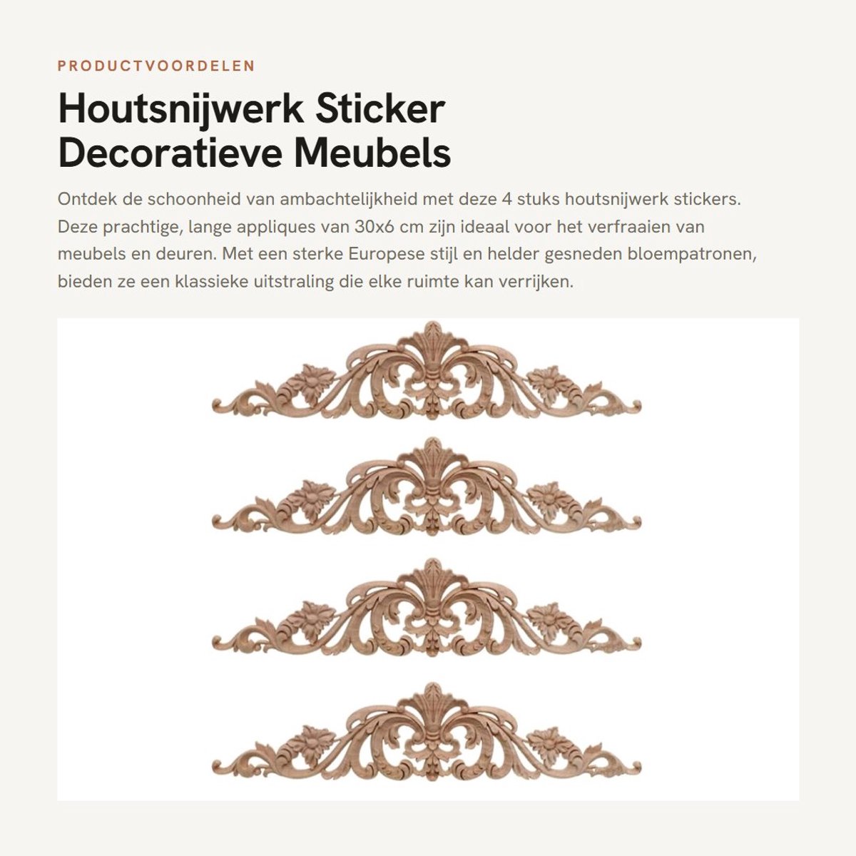 Dailygoods- Houtsnijwerk Decoratieve Appliques - 4 Stuks - Rubber Hout - 30x6 cm - Europese Stijl - Mooi Snijwerk Bloempotronen - Decoratie