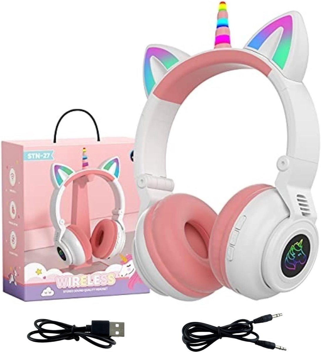 Thijox - Eenhoorn Kinderhoofdtelefoon - Bluetooth Hoofdtelefoon Draadloos Opvouwbaar voor Meisjes - LED Verlichting - Geschikt voor Tablet, Laptop, Pe