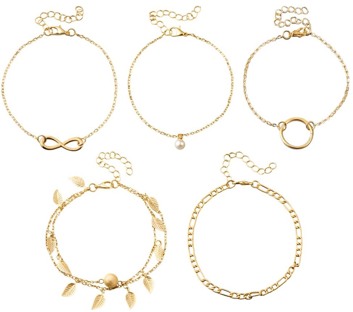 Dailygoods- Enkelband Gelaagd - 10 Gouden Enkelbanden - Verstelbare Lengte - Diverse Ontwerpen - Sierlijke Enkelarmbanden - Geschikt voor Verschillende Gelegenheden - Enkelsieraad
