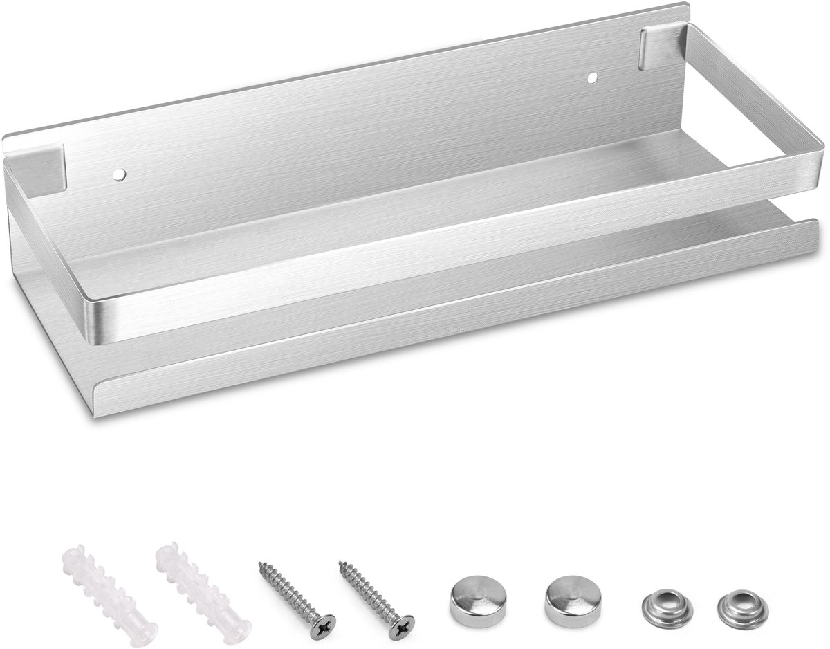 Dailygoods- Doucheplank Roestvrij Staal - Doucherek Zonder Boren - Wandmontage - Organizer - 30 cm - Rechthoekige Opslag