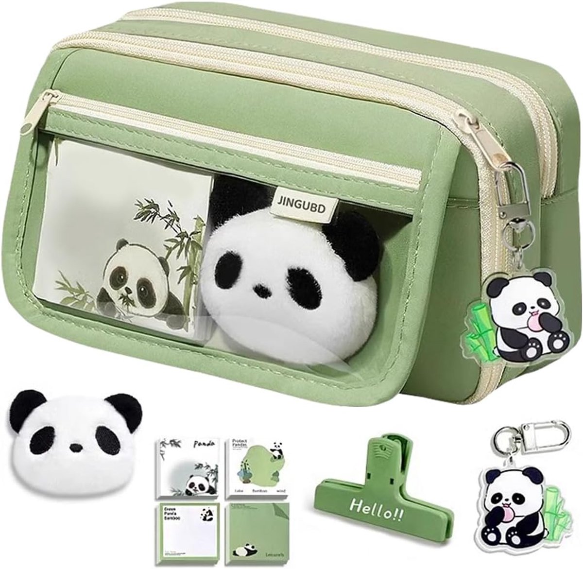 SnelShoppen - Kawaii Panda Pennenzak - Grote Capaciteit Organizer met Sleutelhanger, Zelfklevende Notities, Opslagclip en Broche - Groen - Perfect voo