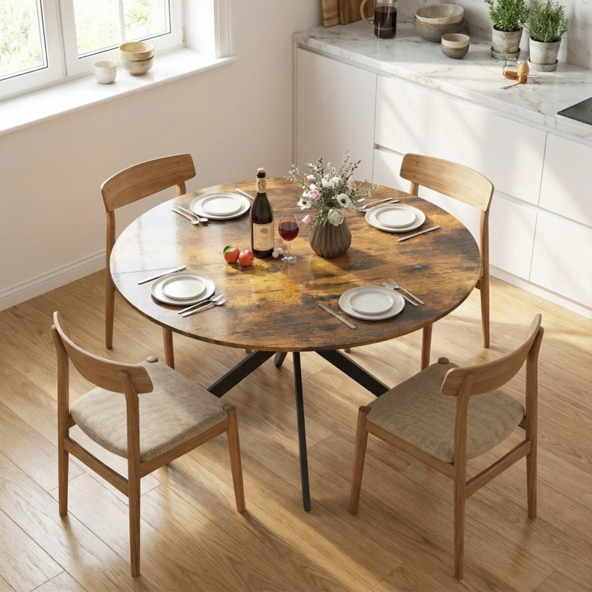 MEUNIQ ronde eettafel 120 cm voor 4 personen, industriële keukentafel met zwarte X-vormige stalen poten en verstelbare voetjes, rustiek bruin