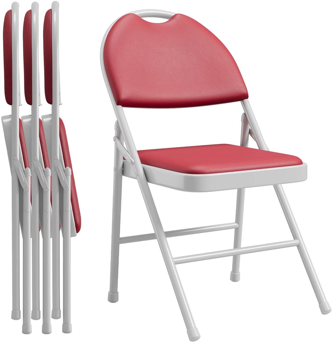 Set van 4 Opvouwbare Stoelen - Stapelbaar Comfort design met Rugleuning - voor feesten en kantoor - Rood PU Leer en Metaal - Zwart