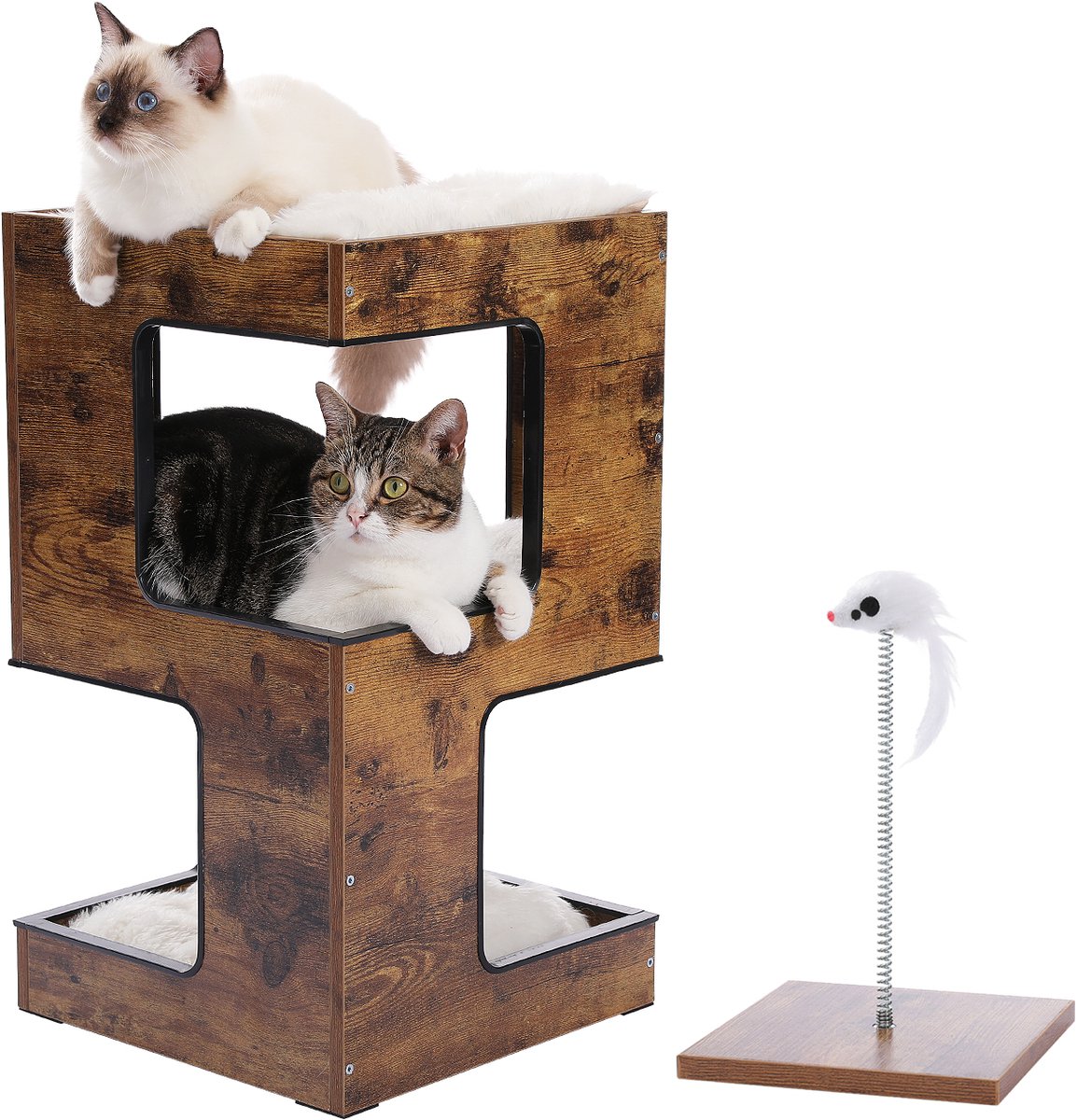 QUESTYR - Nachtkastje & Kattenhuisje In Een - Donker Bruin - Modern - Krabplank & Speelbal - Voor Kleine En Grote Katten - Hout