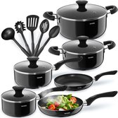 tectake® Pannenset 15-delig - 4 Kookpannen - 2 Steelpannen - Koekenpannen - Aluminium Anti-aanbak Pannen - Glazen Deksels met Stoomafvoer - Inclusief Kookgerei - Geschikt voor Inductie - Zwart