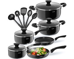 tectake® Pannenset 15-delig - 4 Kookpannen - 2 Steelpannen - Koekenpannen - Aluminium Anti-aanbak Pannen - Glazen Deksels met Stoomafvoer - Inclusief Kookgerei - Geschikt voor Inductie - Zwart