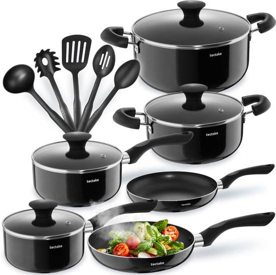 tectake® Pannenset 15-delig - 4 Kookpannen - 2 Steelpannen - Koekenpannen - Aluminium Anti-aanbak Pannen - Glazen Deksels met Stoomafvoer - Inclusief Kookgerei - Geschikt voor Inductie - Zwart