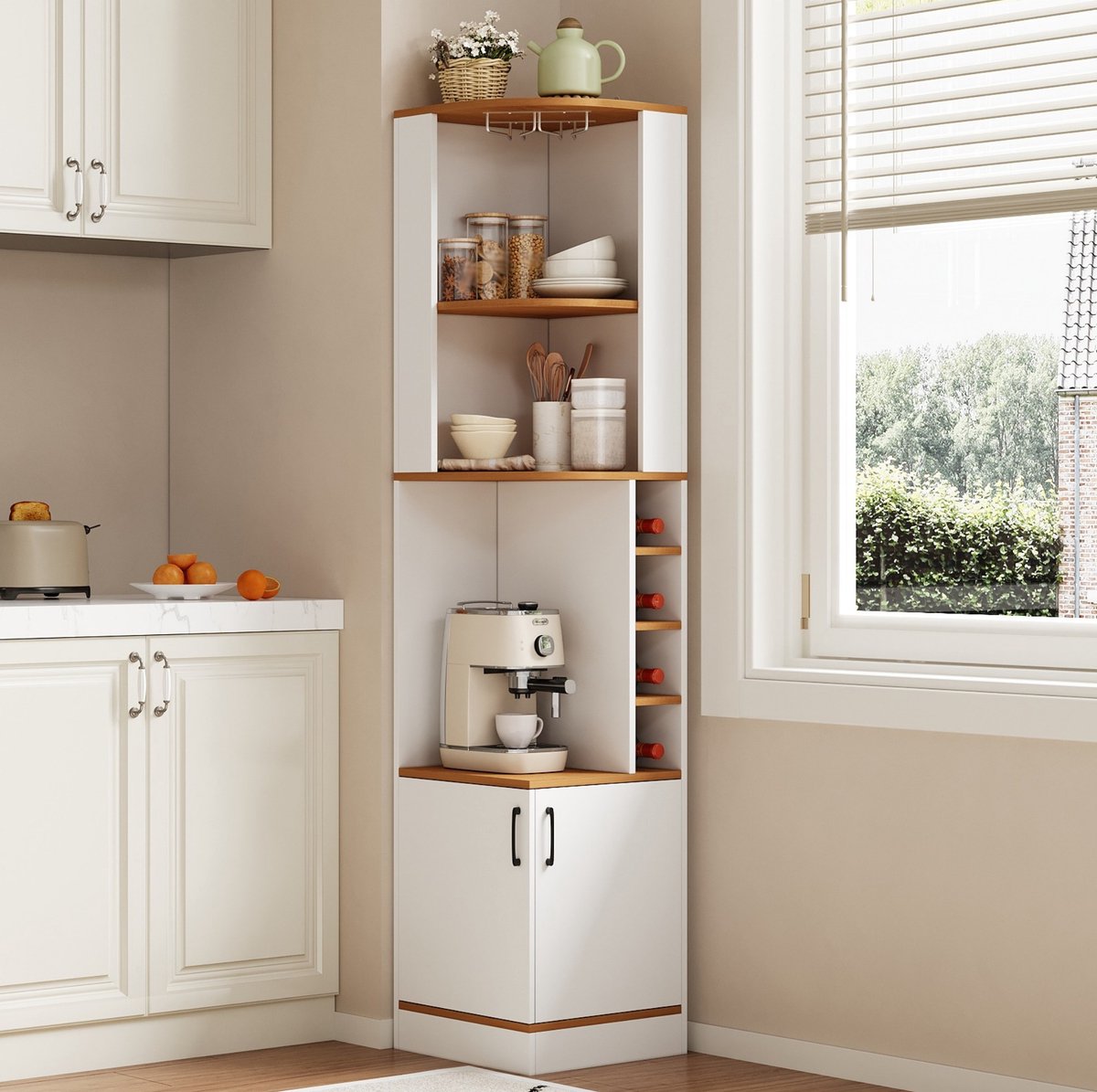 FloraGrace Dressoir - Hoekkast Met Wijnrek En Glashouder - Ruimtebesparend Voor Keuken En Woonkamer - MDF - 40x40x182 Cm - Wit