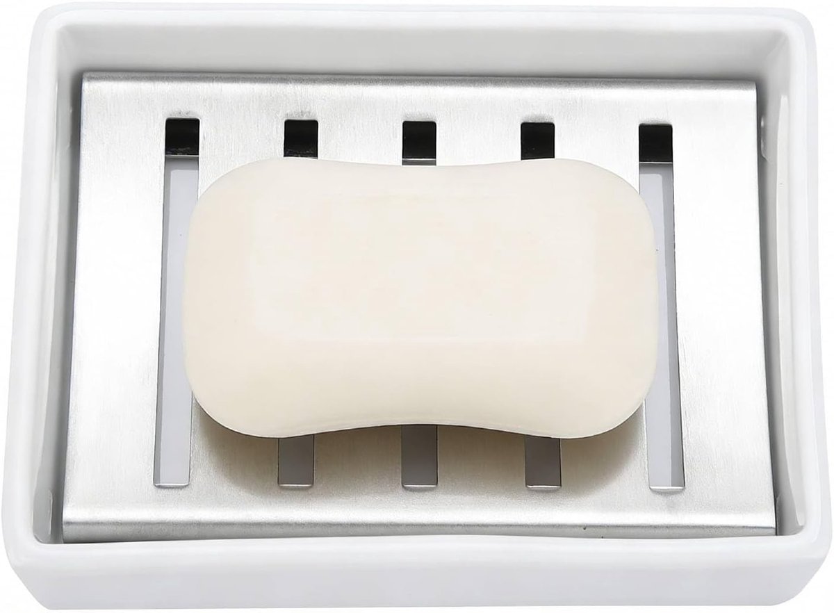 Roestvrijstalen zeepdispenser met metalen rooster - keramische tray voor keuken en badkamer, duurzaam en stijlvol