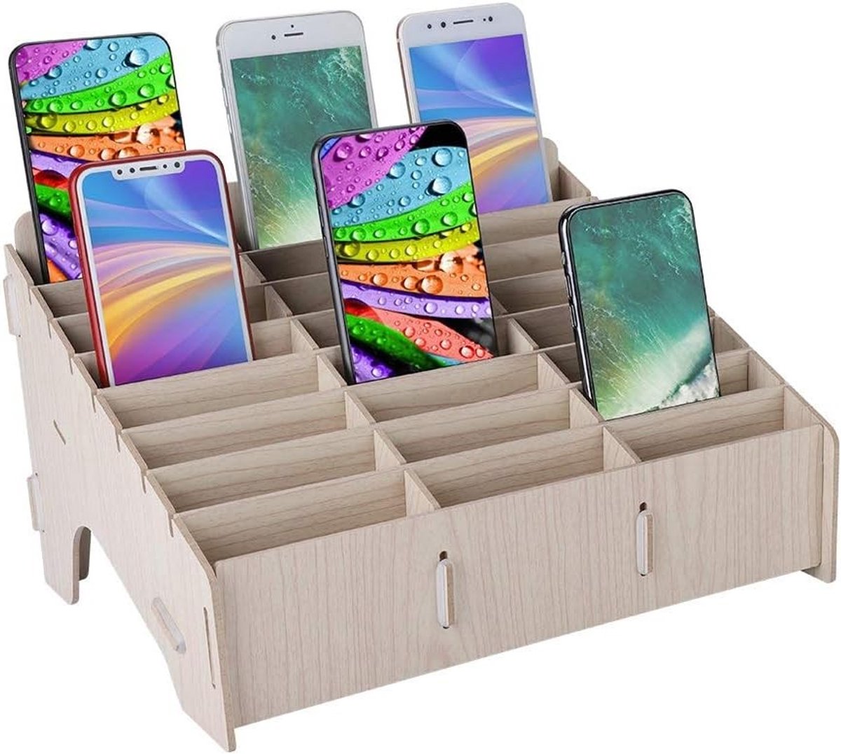 Creatieve Houten Opbergdoos voor Mobiele Telefoons - Multifunctionele Desktop Organizer voor Klaslokaal en Kantoor, Ideaal voor Telefoonbeheer en Ruimtebesparing