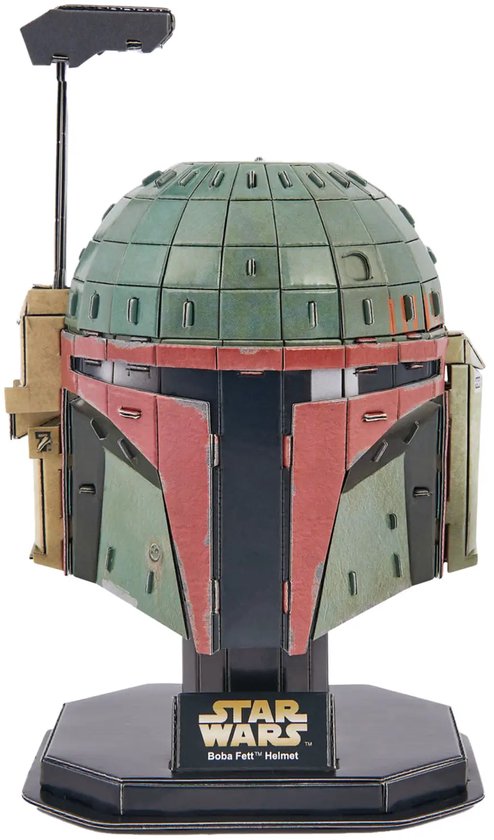 Modèle de casque Boba Fett, vert, rouge et bleu foncé avec des détails dorés et logo Star Wars.