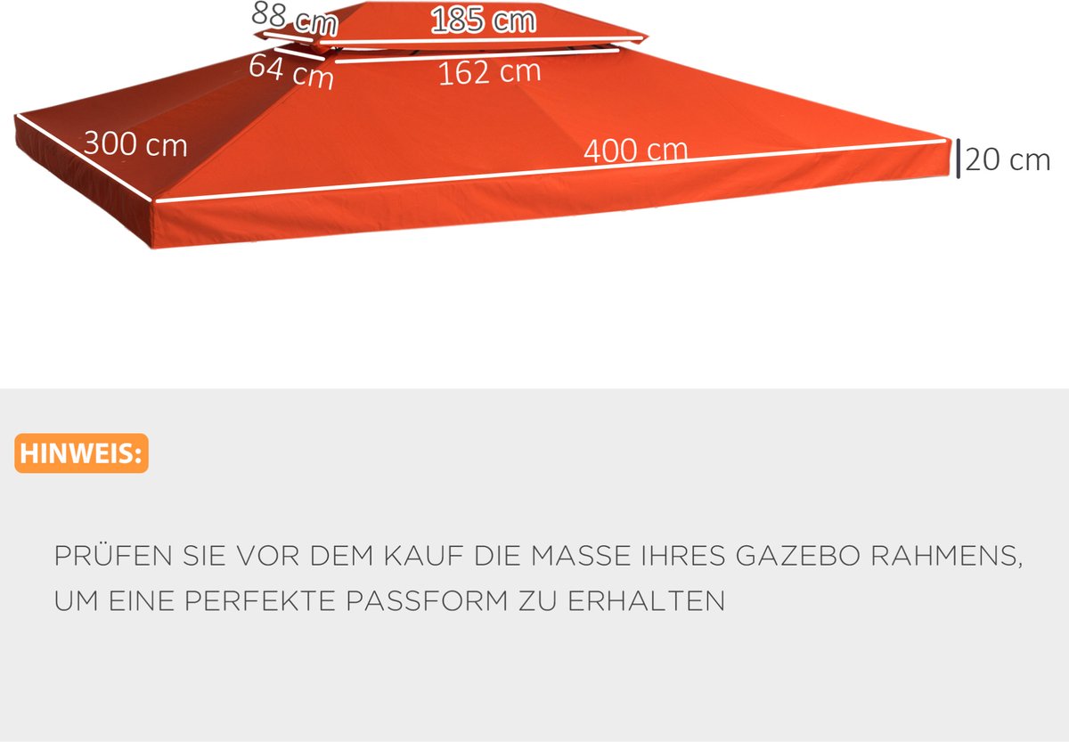 MEUNIQ Partytent dak vervangend dak 300x400 cm voor tuinpaviljoen of partytent, dubbel dak met ventilatie en 8 afvoergaten, polyester, roestrood