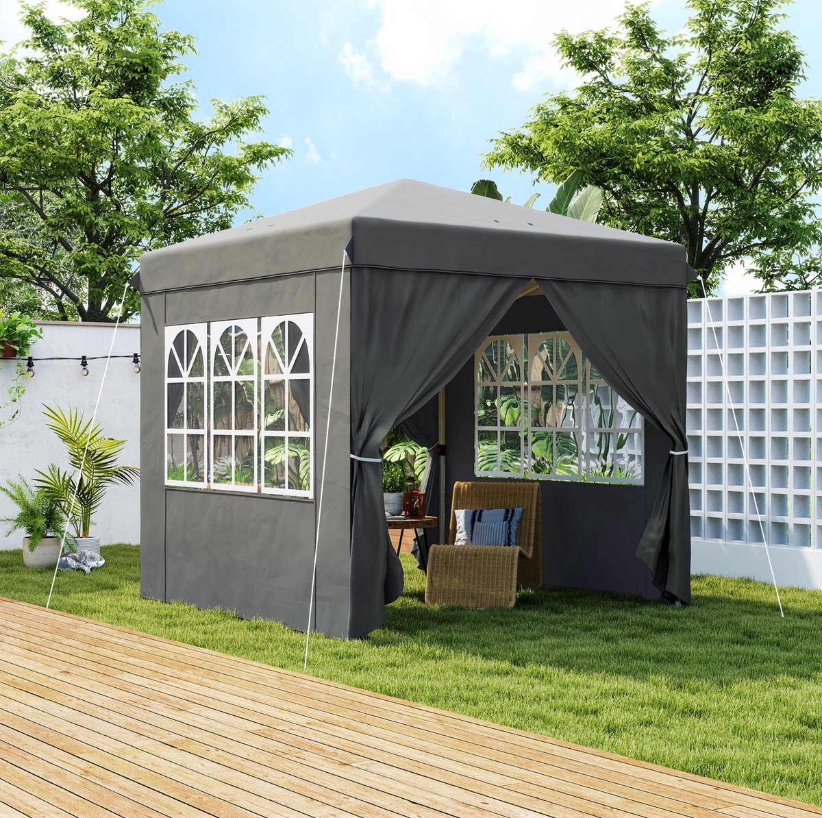 MEUNIQ paviljoen partytent 250 x 250 cm met 4 zijwanden, pop-up en inklapbaar, 3 verstelbare hoogtes, UPF50+ polyester, draagtas, donkergrijs