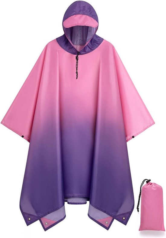 Roze en paarse regenponcho met vizierkap en bijpassende roze opbergzak.