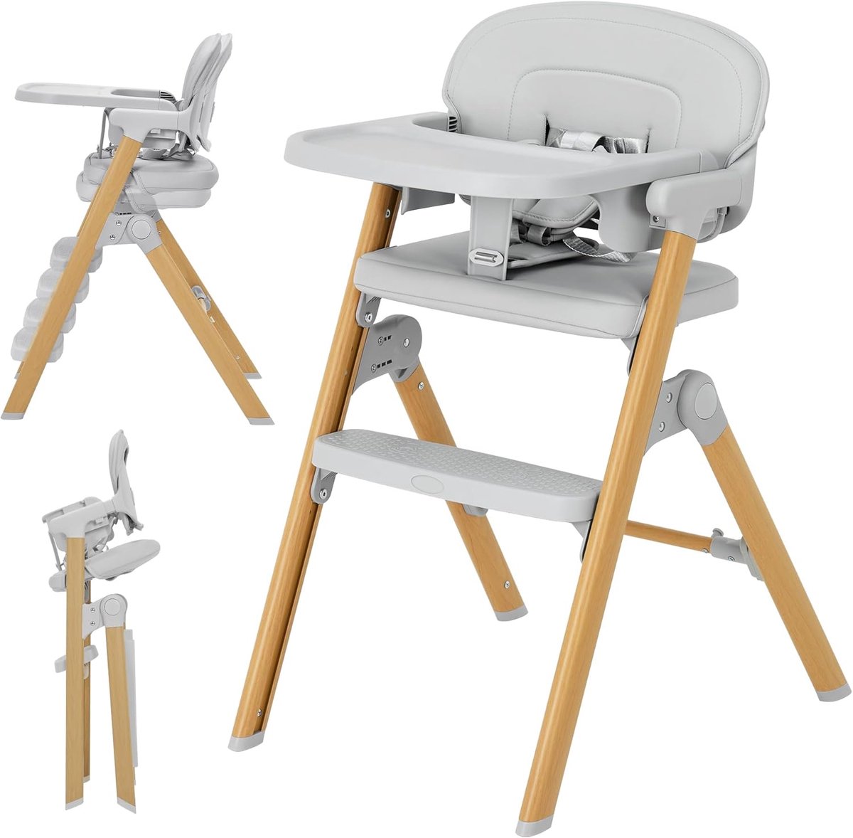 Kinderstoel voor baby’s en peuters – Lichtgewicht, verstelbare kinderstoel met aluminium frame – Waterdicht – Gemakkelijk te reinigen kussen – Afneembaar dienblad – Verstelbare voetsteun – Grijs