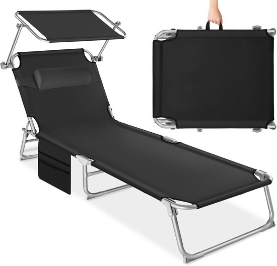 Zwart ligbed met zonnescherm en hoofdkussen, naast een opgevouwen ligbed met handvat.