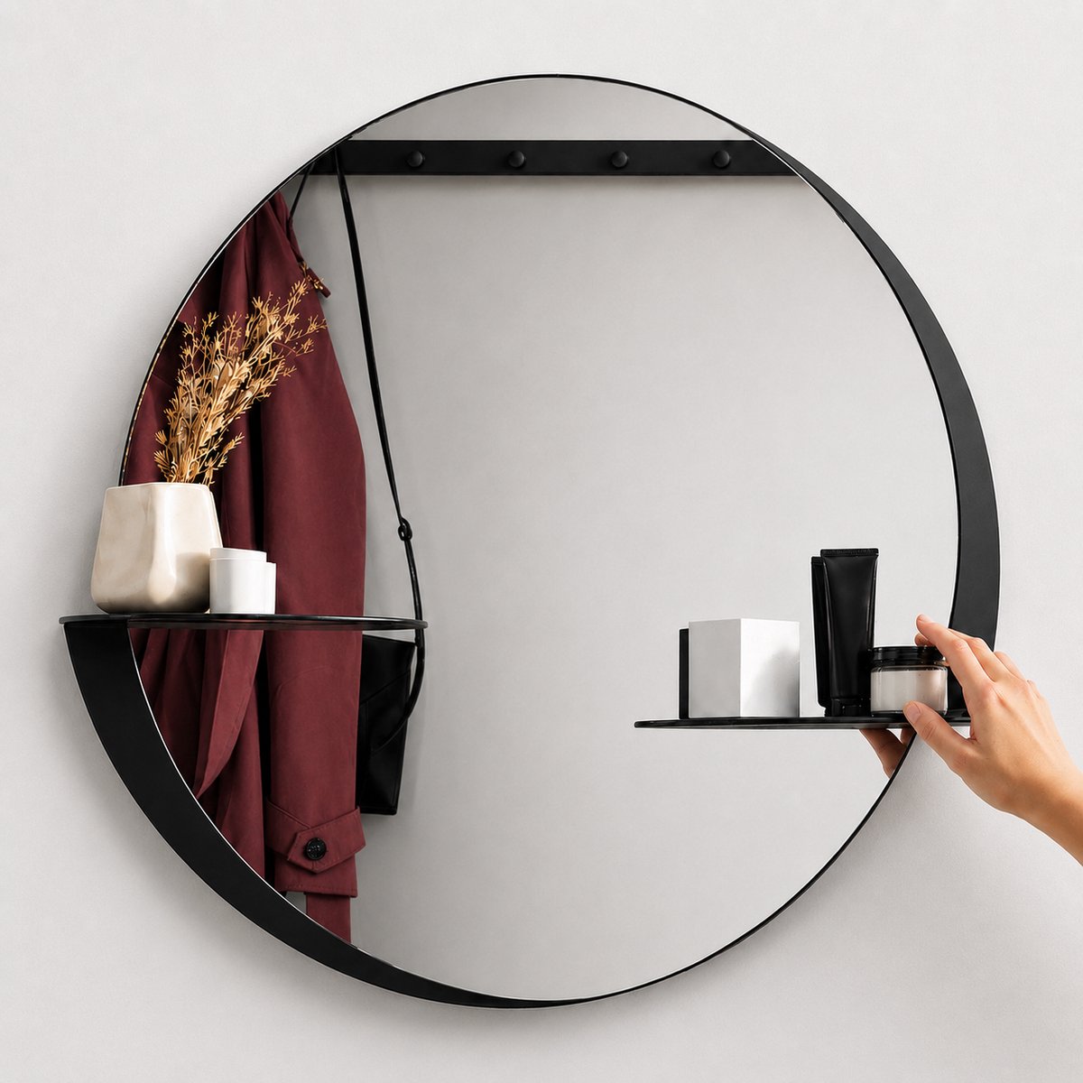 Indusigns wandspiegel Ø65cm - Ronde spiegel met plankjes - Zwart staal - Design - Hal / toilet / badkamer