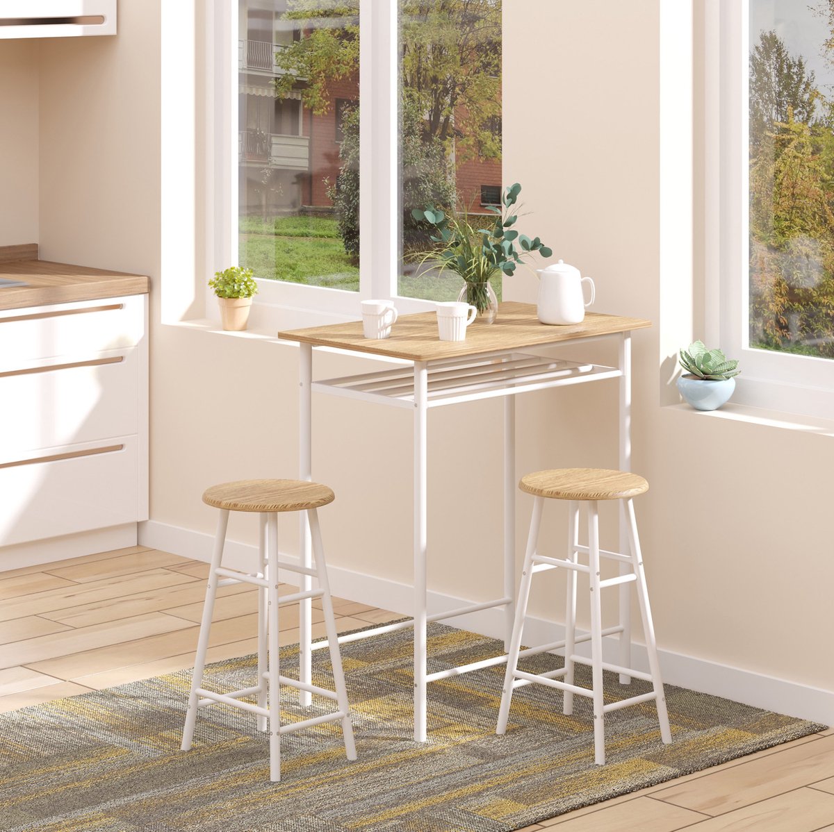 MEUNIQ bartafelset met 2 barkrukken en opbergrek, 80 x 50 x 90 cm, bartafel met MDF blad en metalen frame, industrieel voor keuken of eetruimte, wit en eiken