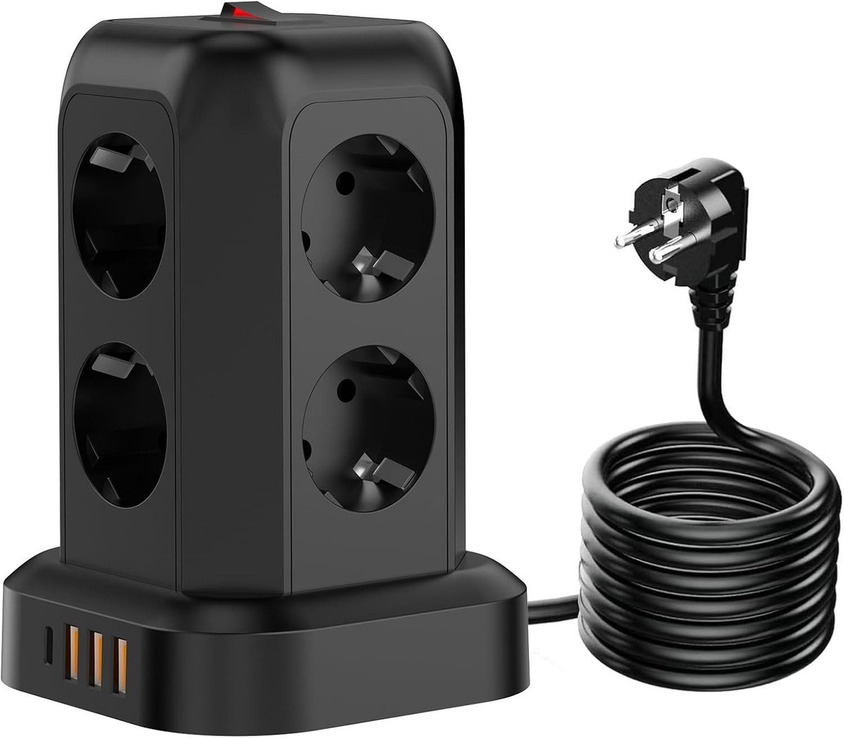 Stekkerdoostoren - 8-voudig - 4 USB - 3 USB-A en 1 USB-C - 1,8 m kabel - 2500 W - Overspanningsbeveiliging - Brandvertragend - Compact - Voor thuis kantoor - Zwart